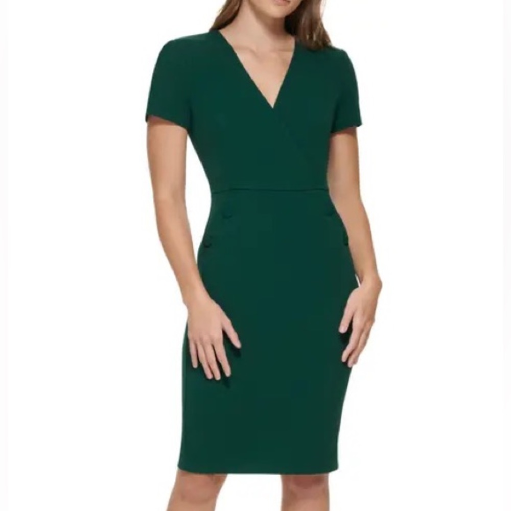 Calvin Klein Surplice Neck Short Sleeve Button Pocket Dress NWT Green Size 12